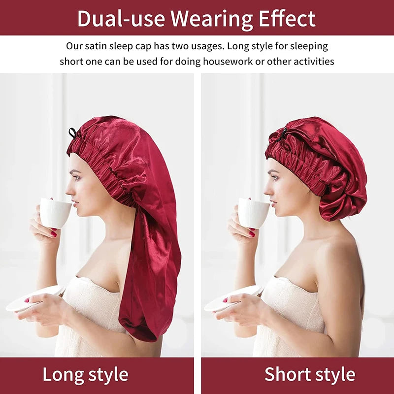 New Women Long Satin Bonnet Large Sleep Cap